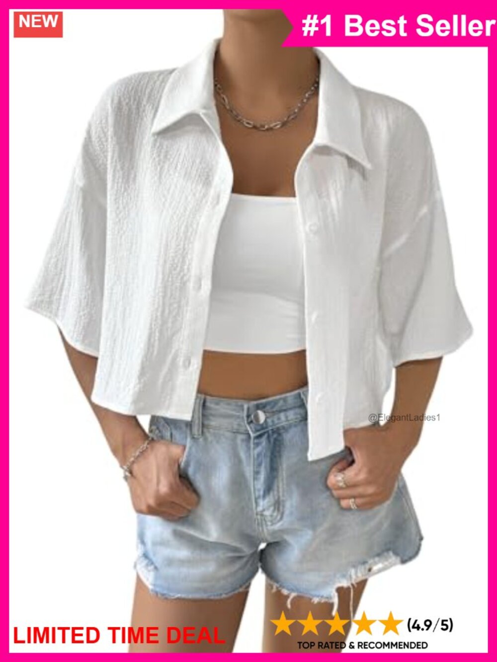 Women's Oversized Button Down Crop Top Short Sleeve Collared Blouse